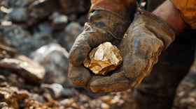 Gloved hands holding a gold nugget in a mining environment
